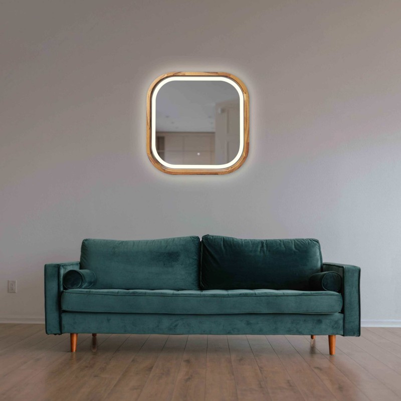 Miroir Carré LED en Bois à Angles Arrondis – Modèle Square Wood LED