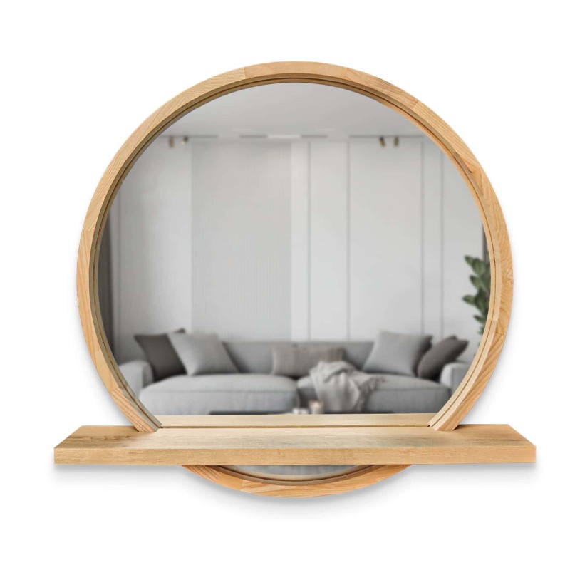 Miroir Rond de Salle de Bain en Bois avec Étagère – Modèle Round Shelf Wood