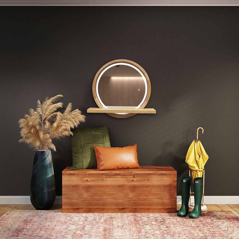 Miroir Rond LED en Bois avec Étagère – Modèle Horizon Wood LED